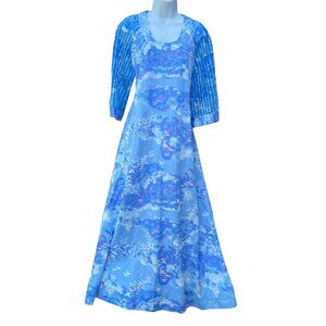 Vintage 70s Women's Dress Blue Abstract Print Maxi Long Mod Hippie USA Made